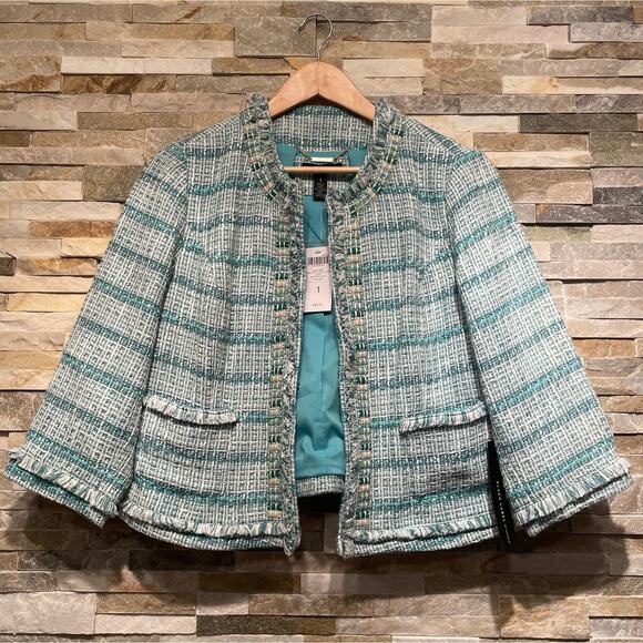 Chico’s Black Label M Tweed Jacket | Embellished Shell Enamel Tile Trim Aqua NWT - Picture 5 of 9
